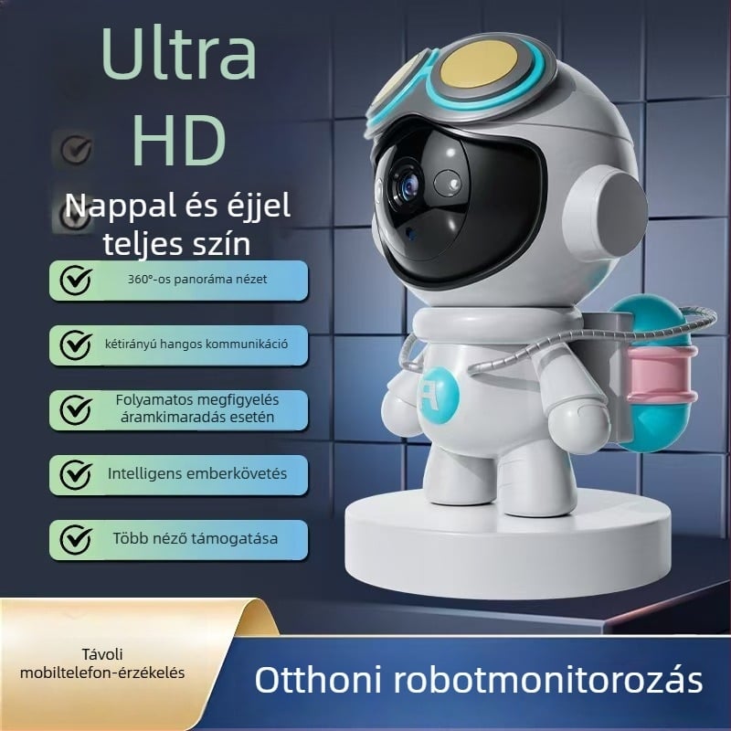 WiFi baba alakú beltéri megfigyelő kamera teljes színű éjjellátással és sírásriasztással — vízszintes forgás 355°, függőleges dőlésszög 90°, pan sebesség 355°/s, DC 5V, gimbal tartó