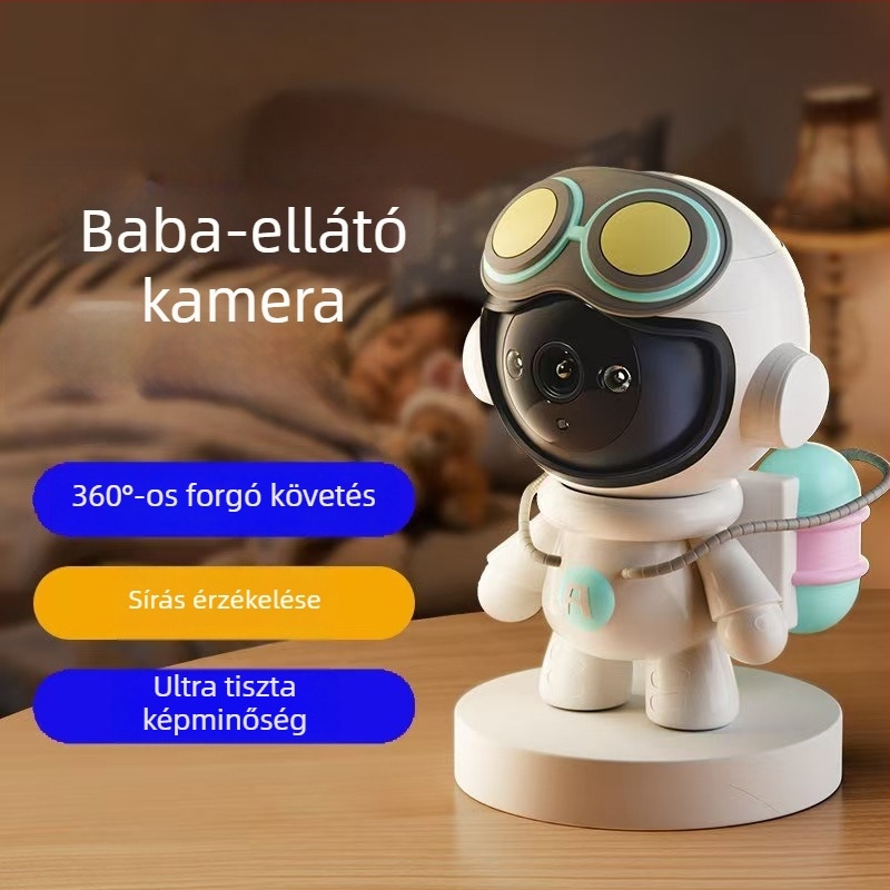 WiFi baba alakú beltéri megfigyelő kamera teljes színű éjjellátással és sírásriasztással — vízszintes forgás 355°, függőleges dőlésszög 90°, pan sebesség 355°/s, DC 5V, gimbal tartó