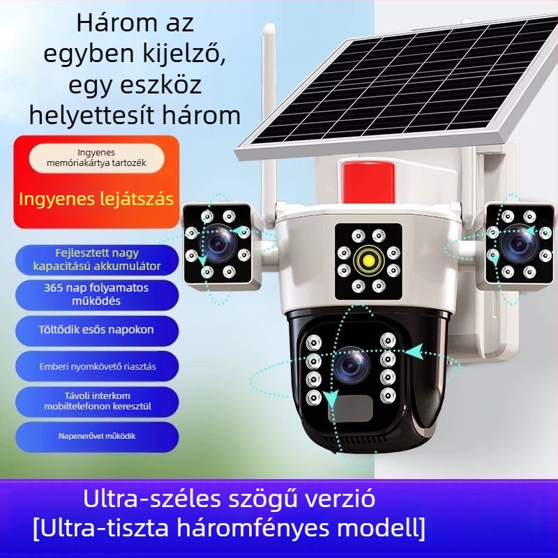 Napelemes kamera 360°-os lefedettséggel, okostelefonról távoli irányítással, offline működés, kültéri éjszakai látás, 1080p/5MP/3MP felbontás