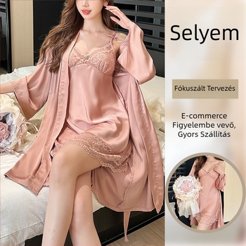 Jégselyem pizsama csipkével és pántokkal — hosszú ujjú hálóruha, két részes készlet melltámasz párnákkal