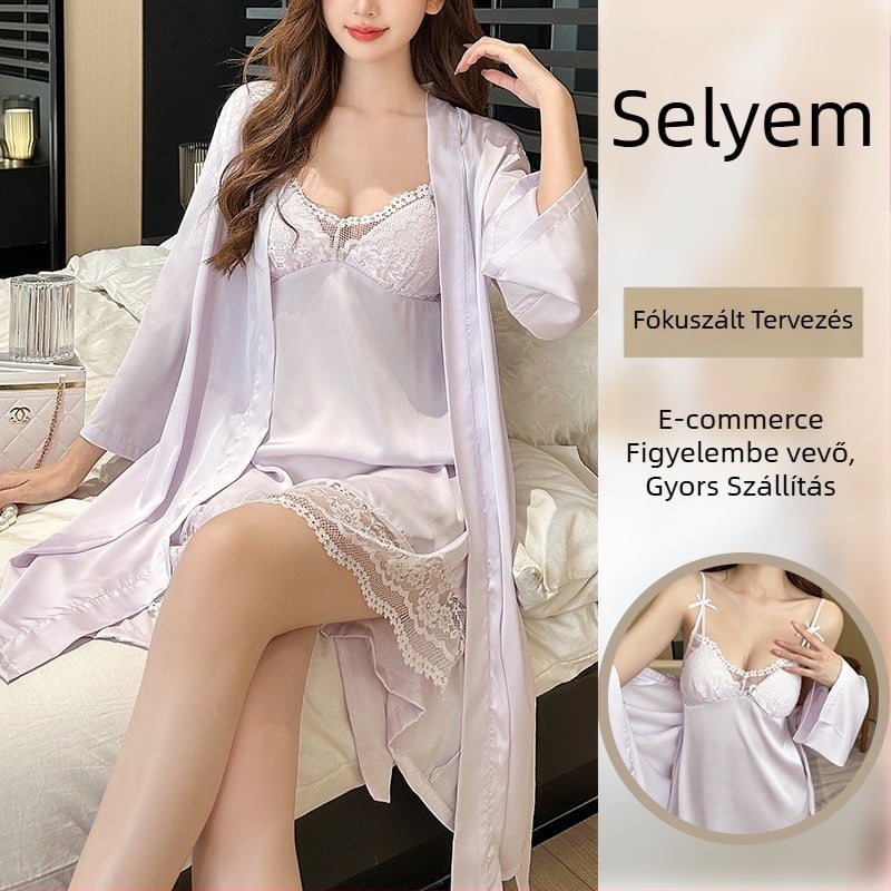 Jégselyem pizsama csipkével és pántokkal — hosszú ujjú hálóruha, két részes készlet melltámasz párnákkal