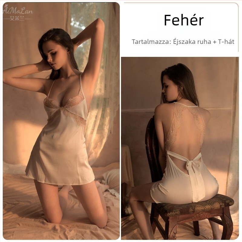 Ice Silk pizsama éjszakai ruha, váll nélküli, csipkés kivágás, 95% poliészter, 141–160 g/m2