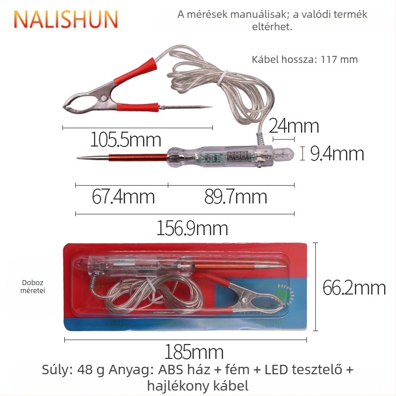 Autóvillamossági teszt toll digitális kijelzővel, ABS házzal, 12–24V, 48 g