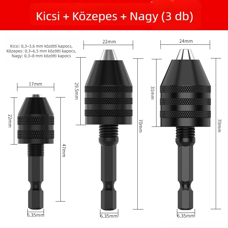 Hatszögletű markolat, háromfejű tokmány, gyors tokmány-extensions fúrófej átalakításhoz, 36V, rozsdamentes acél