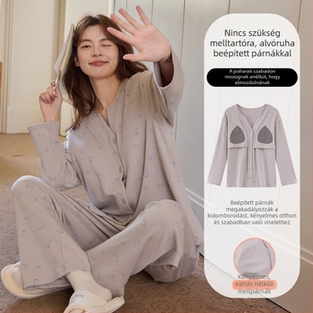 Női pizsama melltámasz betéttel, könnyű, kiváló minőségű imitációs pamut anyag (95–100% pamut), V-nyakú felső, hosszú ujjak és nadrág, édes és kényelmes otthoni viselet