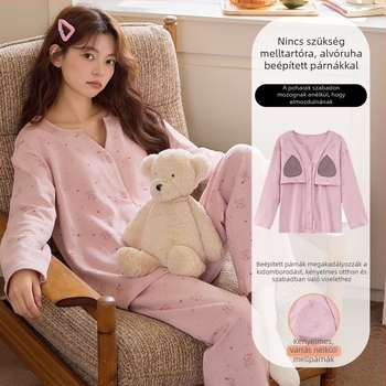 Női pizsama melltámasz betéttel, könnyű, kiváló minőségű imitációs pamut anyag (95–100% pamut), V-nyakú felső, hosszú ujjak és nadrág, édes és kényelmes otthoni viselet