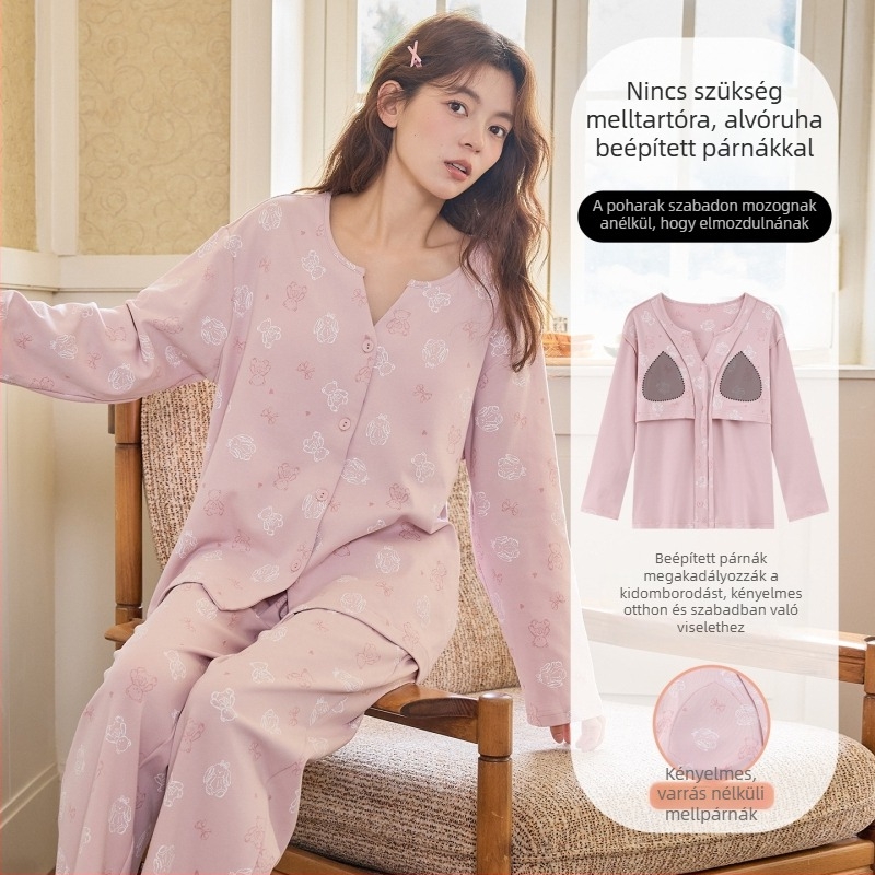 Női pizsama melltámasz betéttel, könnyű, kiváló minőségű imitációs pamut anyag (95–100% pamut), V-nyakú felső, hosszú ujjak és nadrág, édes és kényelmes otthoni viselet