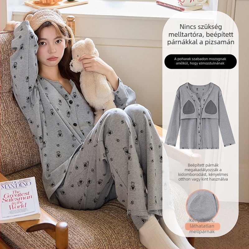 Női pizsama melltámasz betéttel, könnyű, kiváló minőségű imitációs pamut anyag (95–100% pamut), V-nyakú felső, hosszú ujjak és nadrág, édes és kényelmes otthoni viselet