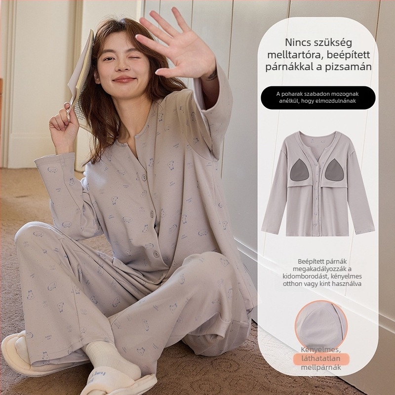 Női pizsama melltámasz betéttel, könnyű, kiváló minőségű imitációs pamut anyag (95–100% pamut), V-nyakú felső, hosszú ujjak és nadrág, édes és kényelmes otthoni viselet