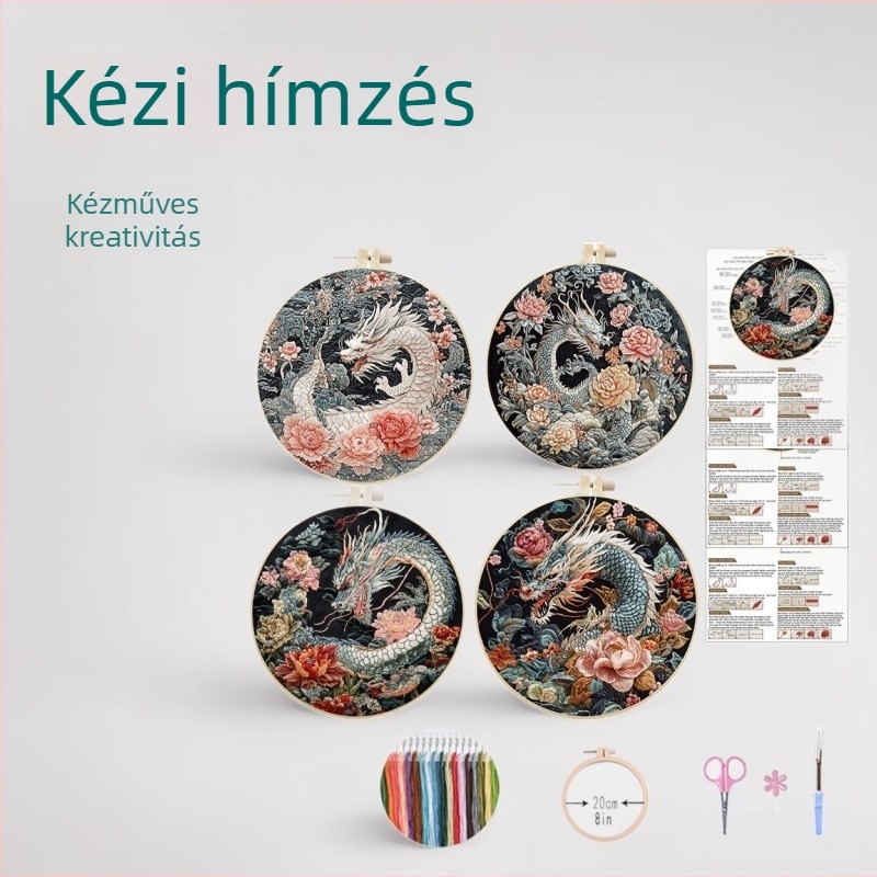Sárkányos keresztszemes készlet — DIY anyagok angol nyelvű illusztrált útmutatóval, európai stílusú francia hímzés