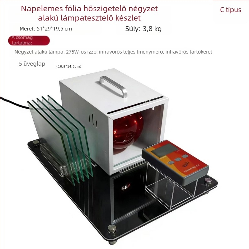 Autóüvegfóliákhoz és üveg hőszigetelő fóliákhoz használható infravörös teljesítménymérő készülék, kézi melegítő lámpa mérőeszköz