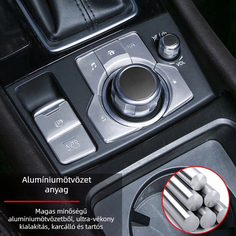 Alumínium matrica a Mazda 3 / CX-4 / CX-5 elektronikus kézifék és multimédiás gombokhoz, bal és jobb oldal, testreszabható