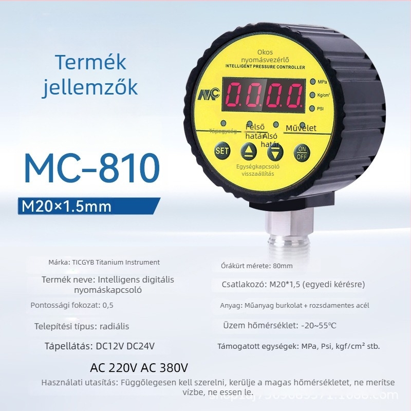 Mc-810 intelligens digitális nyomáskapcsoló kijelzővel, tartomány -0,1–60, pontosság 0,5, menetes csatlakozás