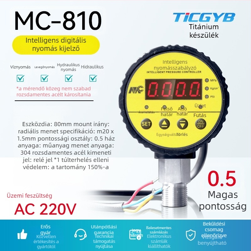 Mc-810 intelligens digitális nyomáskapcsoló kijelzővel, tartomány -0,1–60, pontosság 0,5, menetes csatlakozás