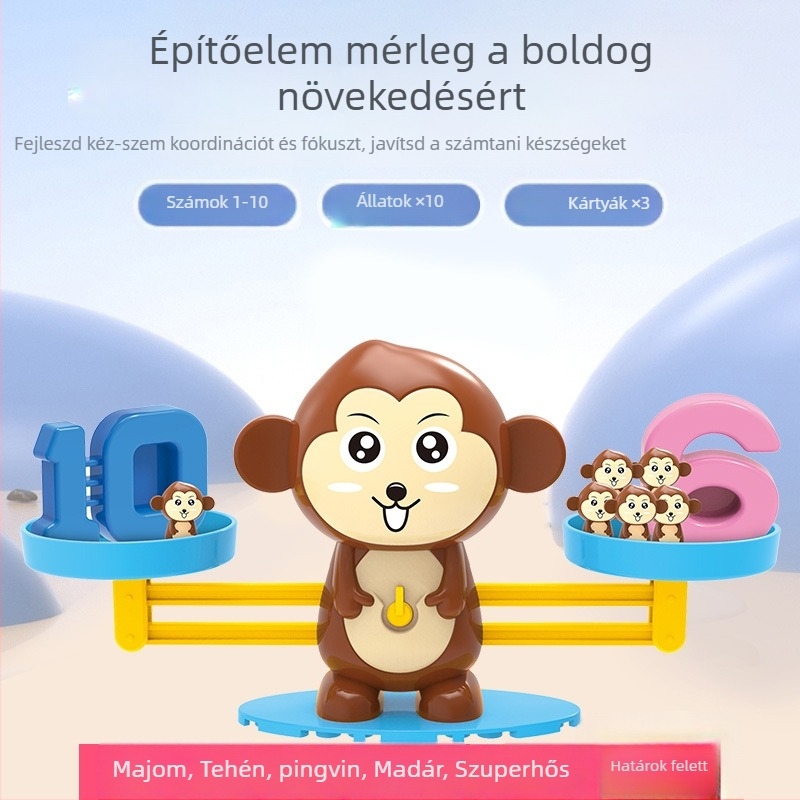 Majom egyensúly-játék gyerekeknek — korai matematika oktatás, adder–kivonás táblás játék, műanyagból; 4–6 éveseknek; nem elektromos; márka Le again