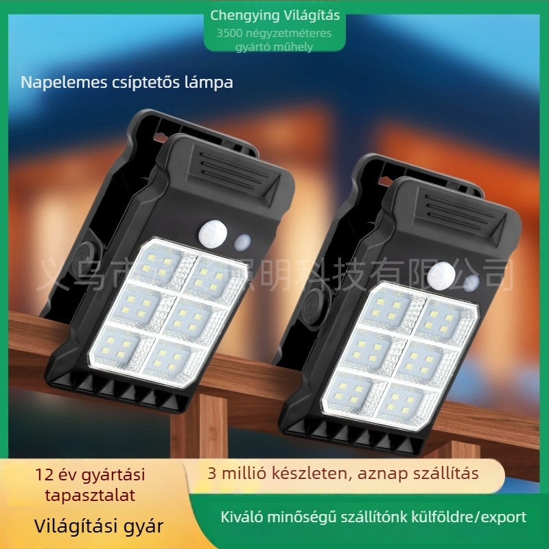 Napelemes clip lámpa kültéri falra automata szenzorral, IP44 vízálló, LED 2835, 10W