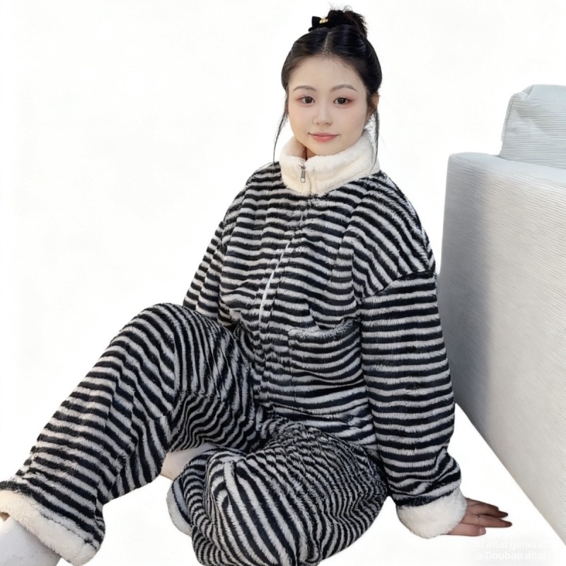 Női korallplüss pizsama szett, vastag kötött anyag, álló gallér, téli otthoni viselet