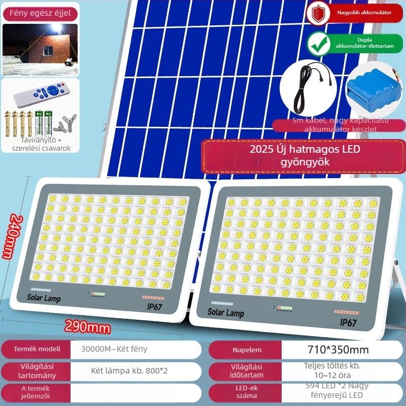Napelemes kültéri lámpa kerthez, IP67 vízálló, távirányítós, 6V, megvilágítási terület 200 m² fölött, 12–16 órás üzemidő, Fire Dragon