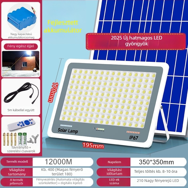 Napelemes kültéri lámpa kerthez, IP67 vízálló, távirányítós, 6V, megvilágítási terület 200 m² fölött, 12–16 órás üzemidő, Fire Dragon