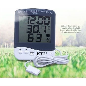 KTJ TA218A digitális hőmérséklet- és páratartalom-mérő, 0–50°C tartomány, 10–95% RH, pontosság 1.0