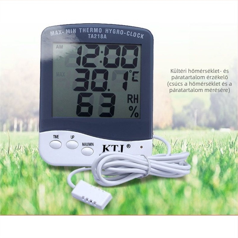 KTJ TA218A digitális hőmérséklet- és páratartalom-mérő, 0–50°C tartomány, 10–95% RH, pontosság 1.0