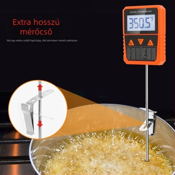 Ételhőmérő LCD nagy kijelzővel, magas precizitással, hosszú sonda, edénycsipesz – cukorkák, sütés és grillezéshez