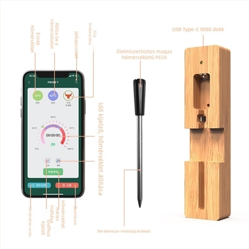 Okos Bluetoothos vízálló hús hőmérő konyhába, sütőhöz és grillhez – 0,1°C felbontás