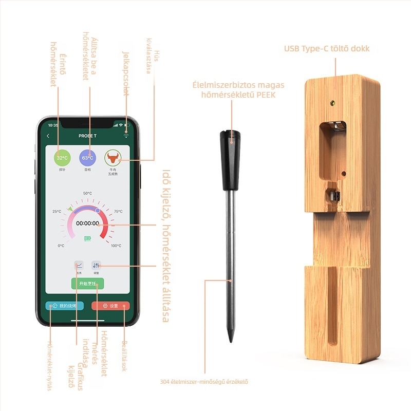 Okos Bluetoothos vízálló hús hőmérő konyhába, sütőhöz és grillhez – 0,1°C felbontás