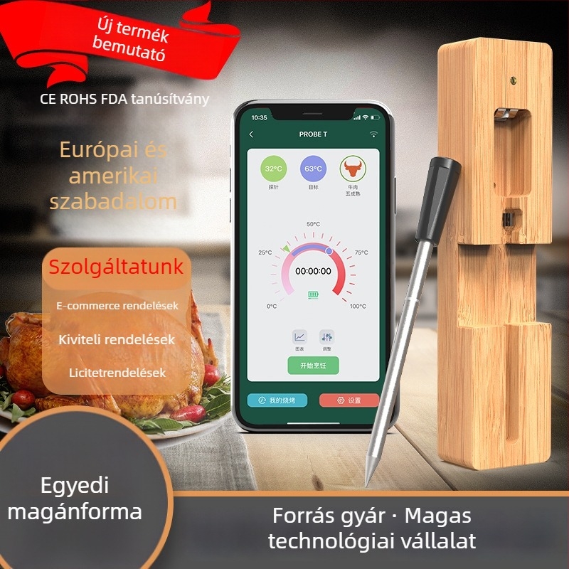 Okos Bluetoothos vízálló hús hőmérő konyhába, sütőhöz és grillhez – 0,1°C felbontás