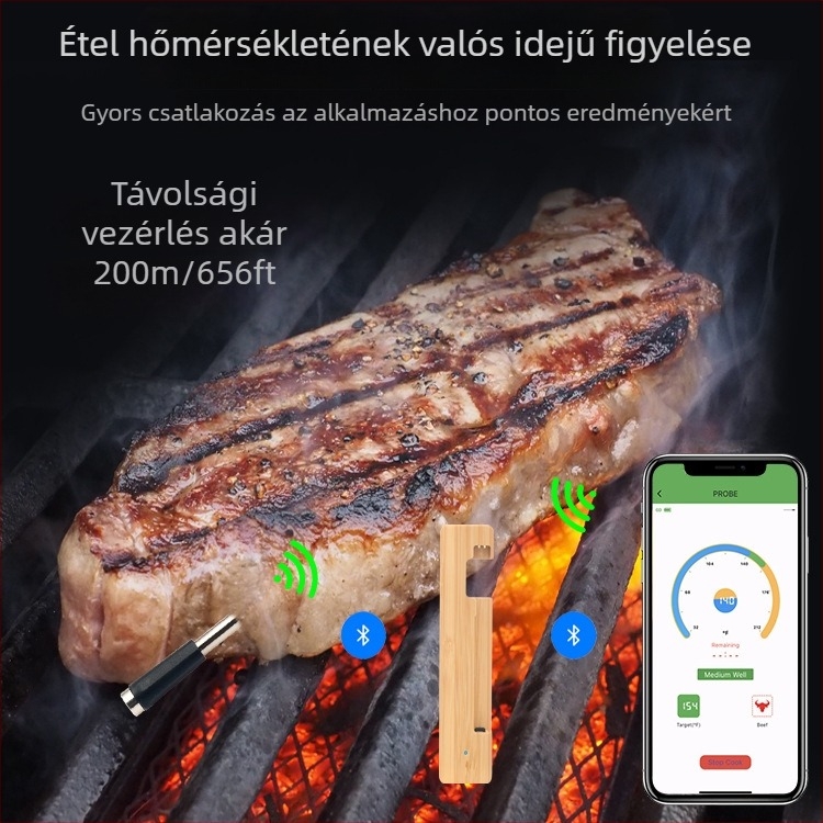 Bluetooth húshőmérő, vezeték nélküli, magas hőmérséklet-állóság; 304 rozsdamentes acél szonda; bambusz alap; testreszabható magáncímke