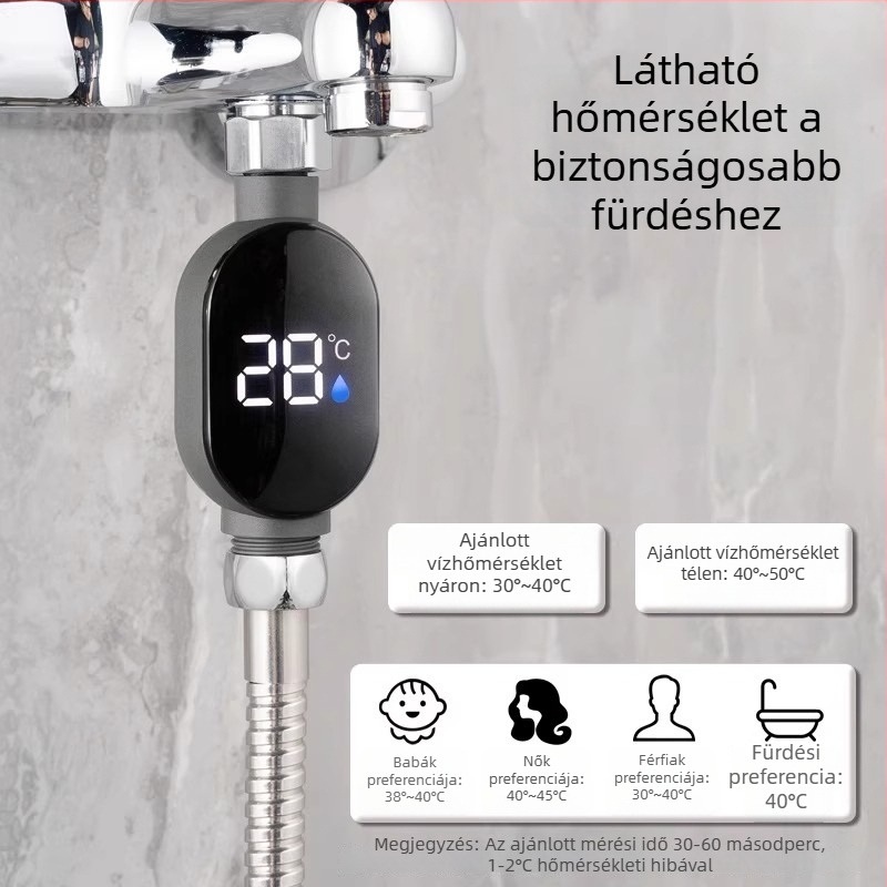 LED zuhanyhőmérő intelligens érintőképernyővel, zuhanyzás közbeni hőmérsékletmérés, digitális kijelző