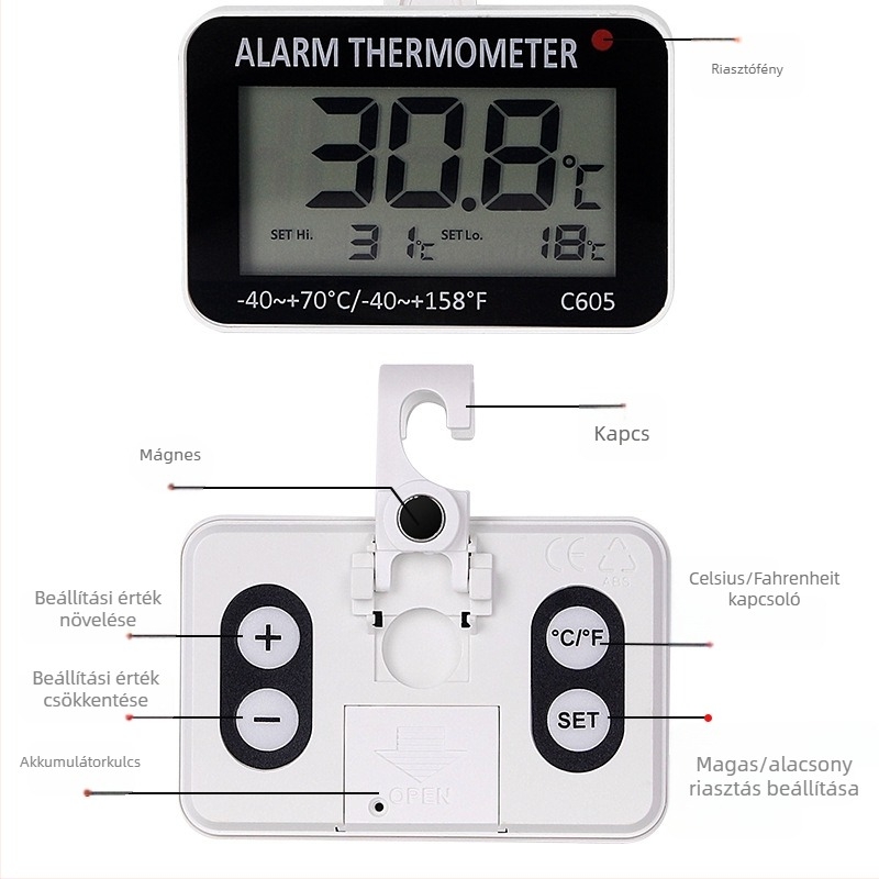 C605 Beltéri/Kültéri Hőmérséklet-figyelő Monitor, Hűtőriasztás és Hőmérséklet-szabályozás (-40–70°C)