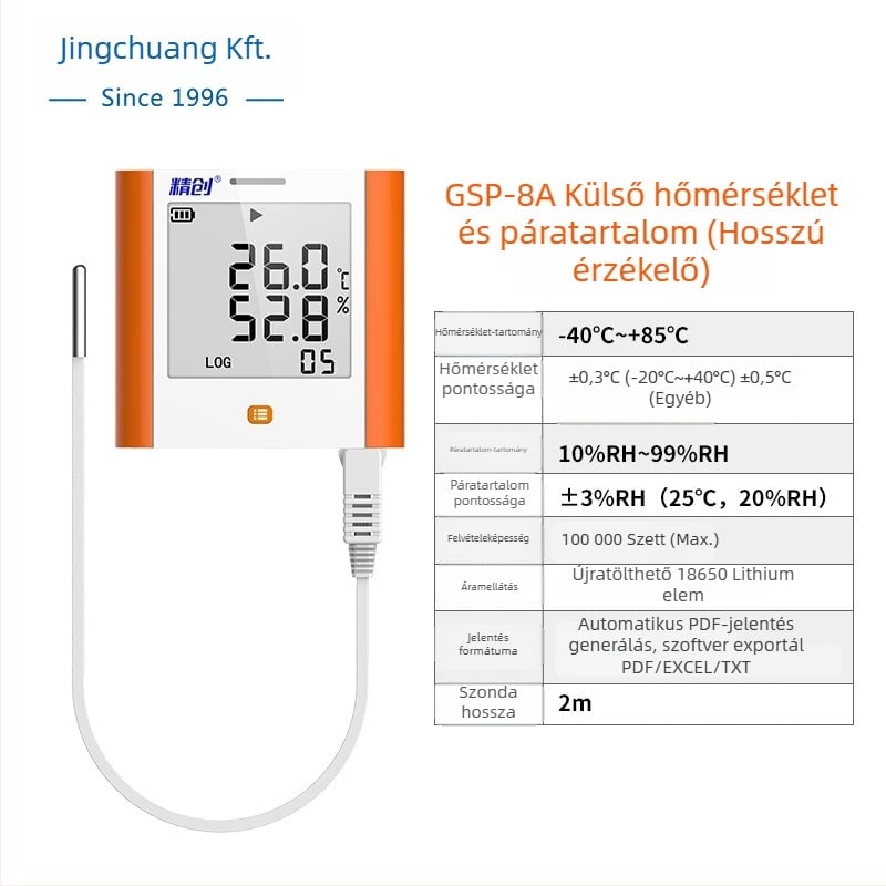 GSP-8A hőmérséklet- és páratartalom-nyomkövető nagy kijelzős, orvosi hűtők, gyógyszeres szekrények, archívumok, laboratóriumok és tárolóterületek számára; USB töltés vagy 3,6V egyetlen Li-ion akkumulátor