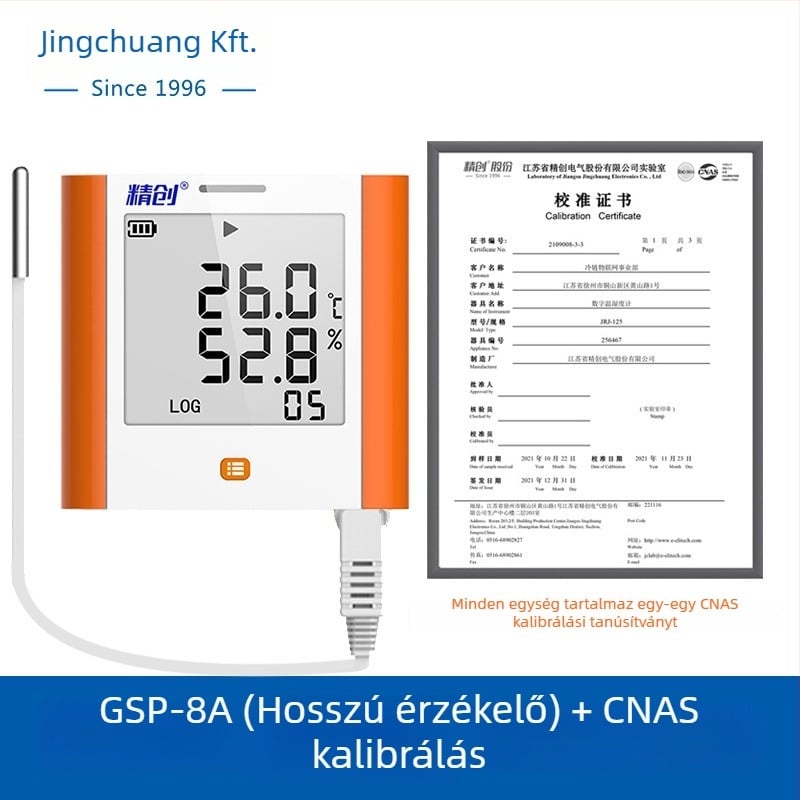 GSP-8A hőmérséklet- és páratartalom-nyomkövető nagy kijelzős, orvosi hűtők, gyógyszeres szekrények, archívumok, laboratóriumok és tárolóterületek számára; USB töltés vagy 3,6V egyetlen Li-ion akkumulátor