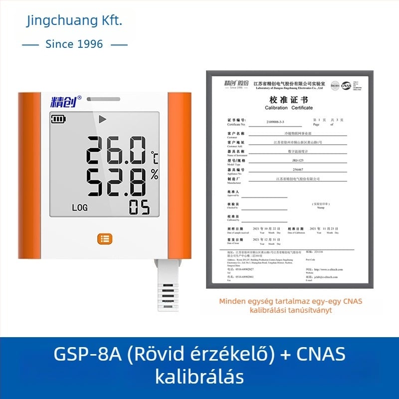 GSP-8A hőmérséklet- és páratartalom-nyomkövető nagy kijelzős, orvosi hűtők, gyógyszeres szekrények, archívumok, laboratóriumok és tárolóterületek számára; USB töltés vagy 3,6V egyetlen Li-ion akkumulátor