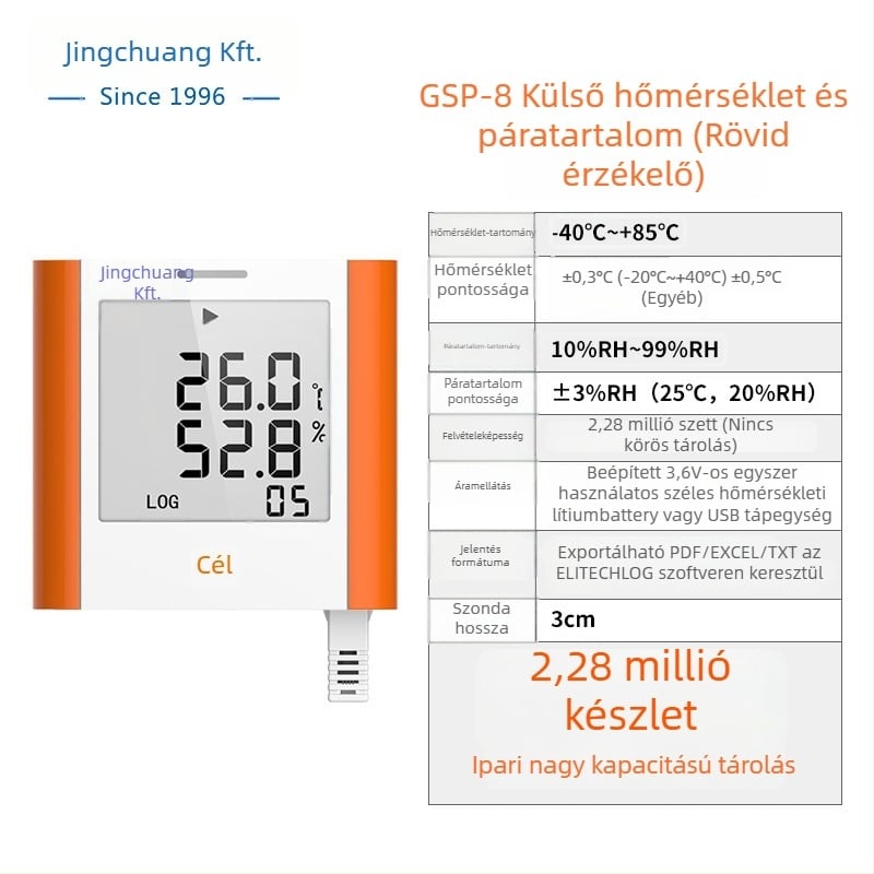 GSP-8A hőmérséklet- és páratartalom-nyomkövető nagy kijelzős, orvosi hűtők, gyógyszeres szekrények, archívumok, laboratóriumok és tárolóterületek számára; USB töltés vagy 3,6V egyetlen Li-ion akkumulátor