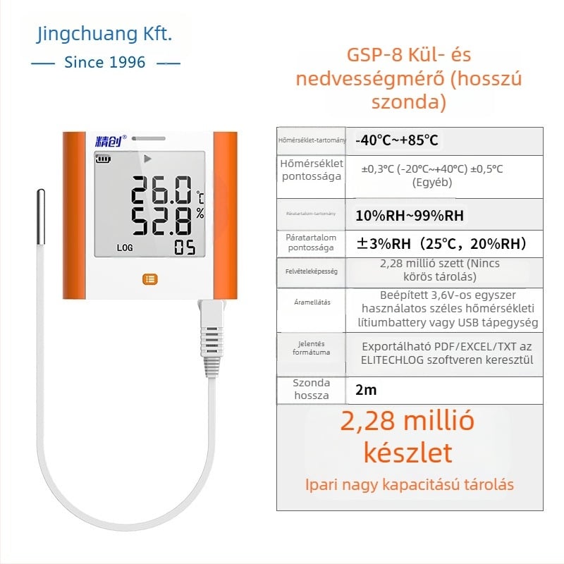 GSP-8A hőmérséklet- és páratartalom-nyomkövető nagy kijelzős, orvosi hűtők, gyógyszeres szekrények, archívumok, laboratóriumok és tárolóterületek számára; USB töltés vagy 3,6V egyetlen Li-ion akkumulátor