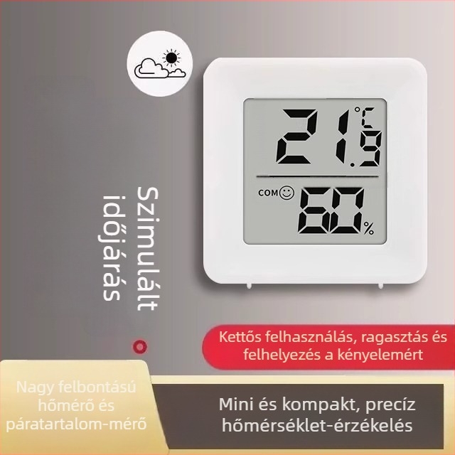 Belső, nagy pontosságú elektronikus falra szerelhető hőmérő és higrométer babaszobába és hűtőbe, hőmérséklet- és páratartalom-mérés.
