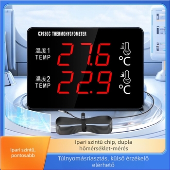 Kétcsatornás vízhőmérő nagyképernyővel és érzékelővel tenyésztéshez és hűtőtároláshoz