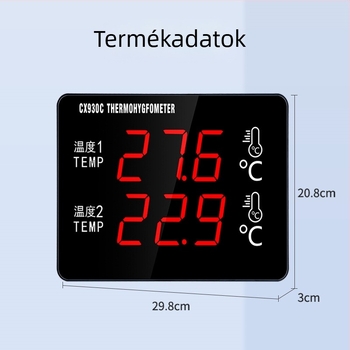 Kétcsatornás vízhőmérő nagyképernyővel és érzékelővel tenyésztéshez és hűtőtároláshoz