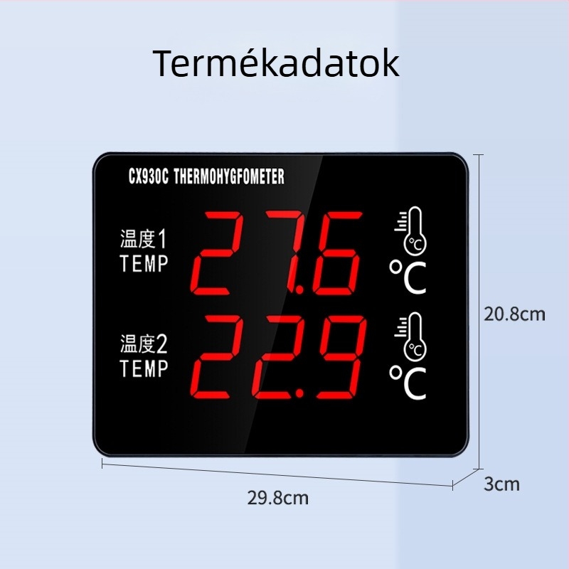 Kétcsatornás vízhőmérő nagyképernyővel és érzékelővel tenyésztéshez és hűtőtároláshoz