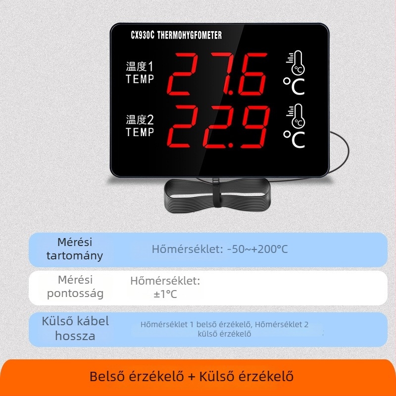 Kétcsatornás vízhőmérő nagyképernyővel és érzékelővel tenyésztéshez és hűtőtároláshoz