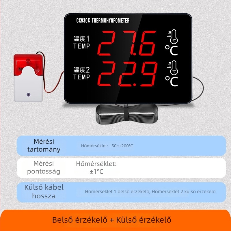 Kétcsatornás vízhőmérő nagyképernyővel és érzékelővel tenyésztéshez és hűtőtároláshoz
