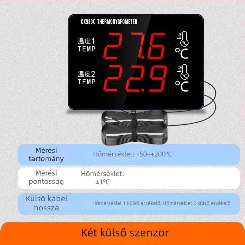 Kétcsatornás vízhőmérő nagyképernyővel és érzékelővel tenyésztéshez és hűtőtároláshoz