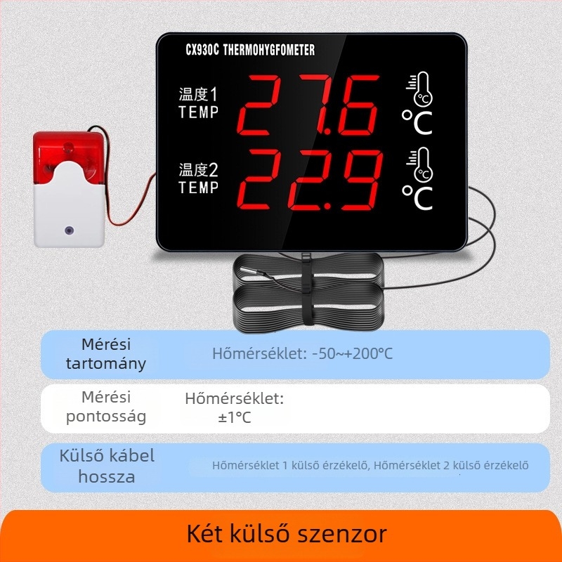 Kétcsatornás vízhőmérő nagyképernyővel és érzékelővel tenyésztéshez és hűtőtároláshoz