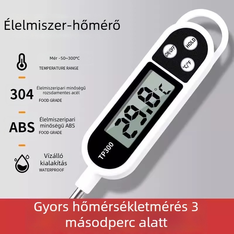 Konyhai digitális hőmérő szondával vízhez, olajhoz, tejhez és kenyér tésztájához