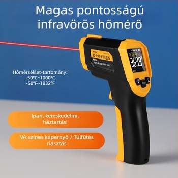 Kézben tartható infravörös hőmérő VA színes kijelzővel, -50°C-tól 1000°C-ig, 0.1°C pontosság, ≤250 ms válaszidő, 2× AAA elem