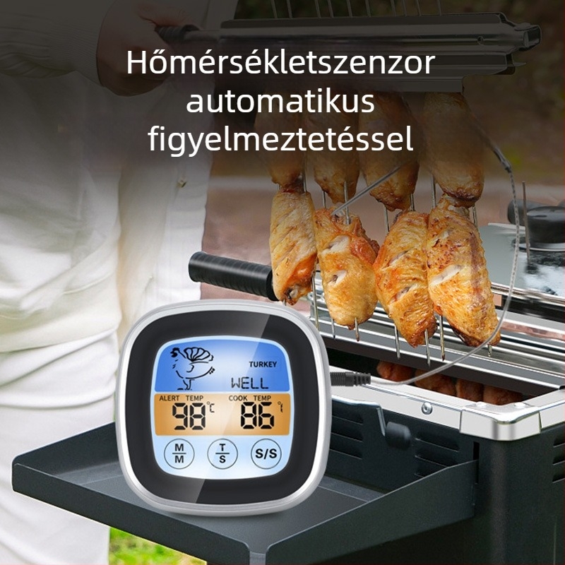 Olajhőmérő rozsdamentes acél szondával, digitális kijelző, időzítő, nagy pontosságú, konyhai sütéshez