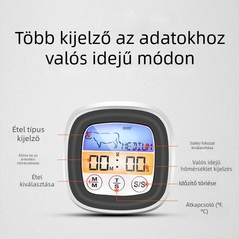 Olajhőmérő rozsdamentes acél szondával, digitális kijelző, időzítő, nagy pontosságú, konyhai sütéshez