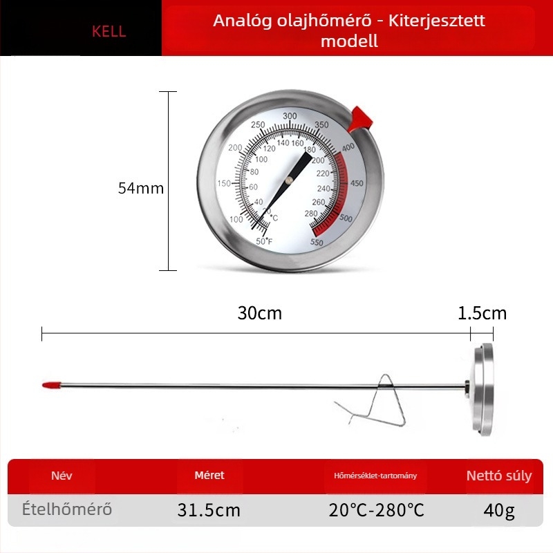 Olajhőmérő rozsdamentes acél szondával, digitális kijelző, időzítő, nagy pontosságú, konyhai sütéshez